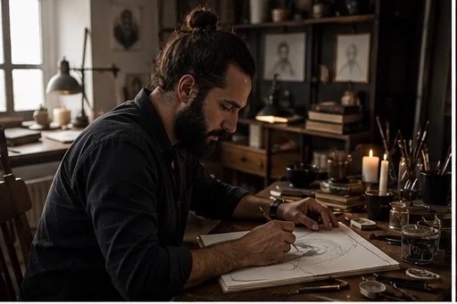 Daniel drawing at his studio desk