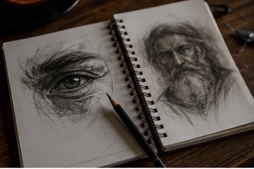 Portrait studies in Daniel's sketchbook