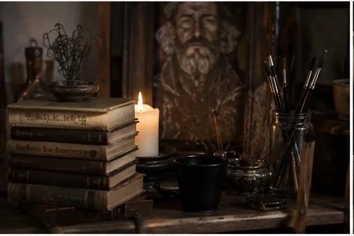 Books, brushes and artwork in the studio